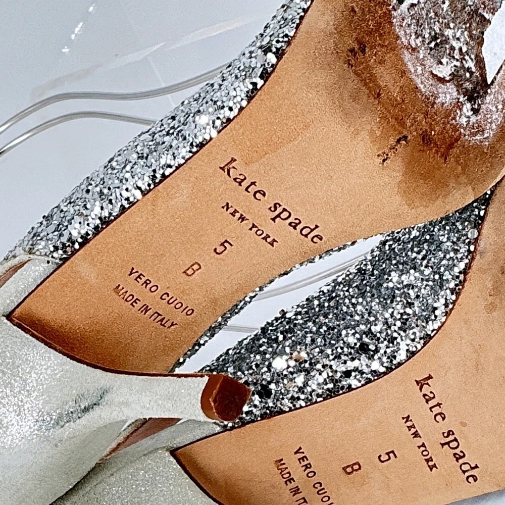 Kate Spade New York‎ Size 5 Silver Glitter Bow Slingback Heels Weddding Bridal